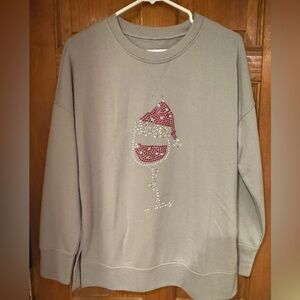 Gray Sweatshirt with Festive Sparkle Wine Glass Design